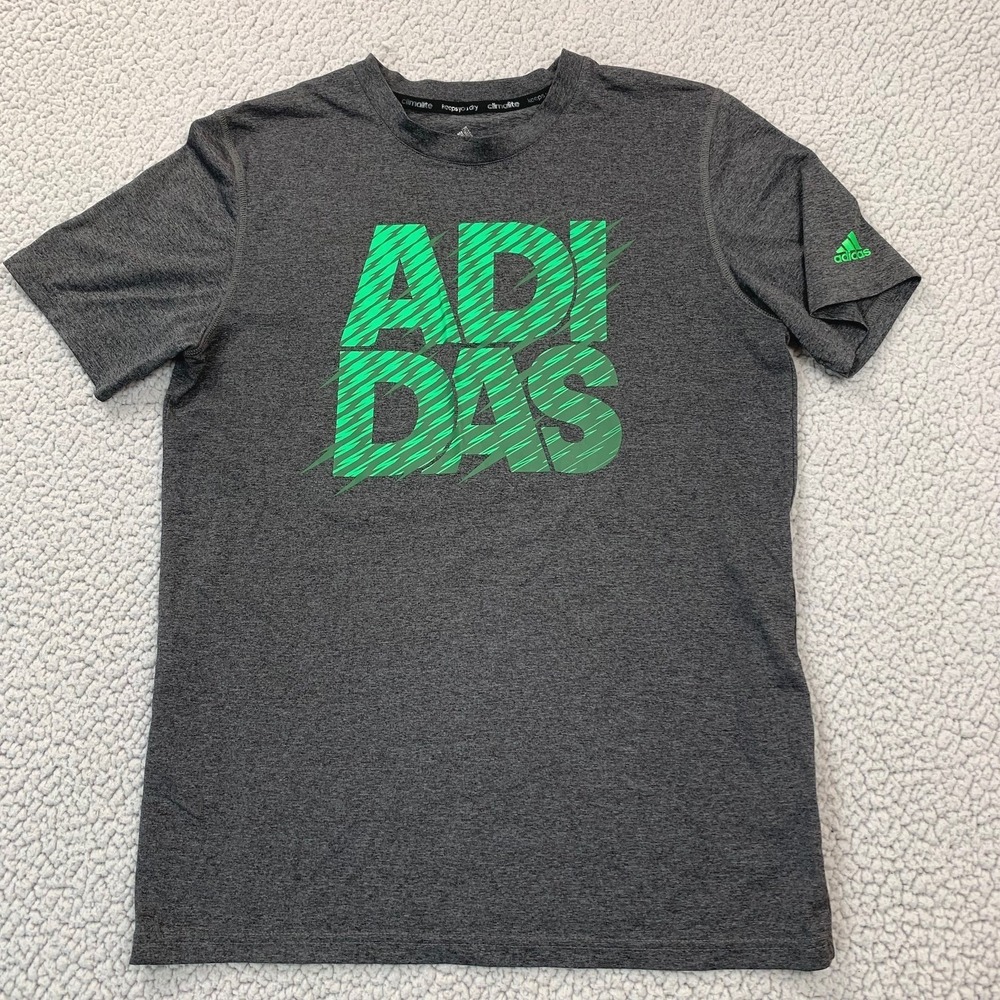 Adidas T-Shirt Mens XL Gray Neon‎ Green Climalite Graphic Logo Performance Tee